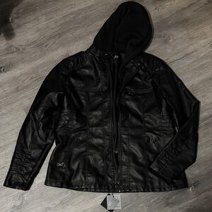 Black Faux Leather Jacket with Hood Tagoo XL XLarge women’s